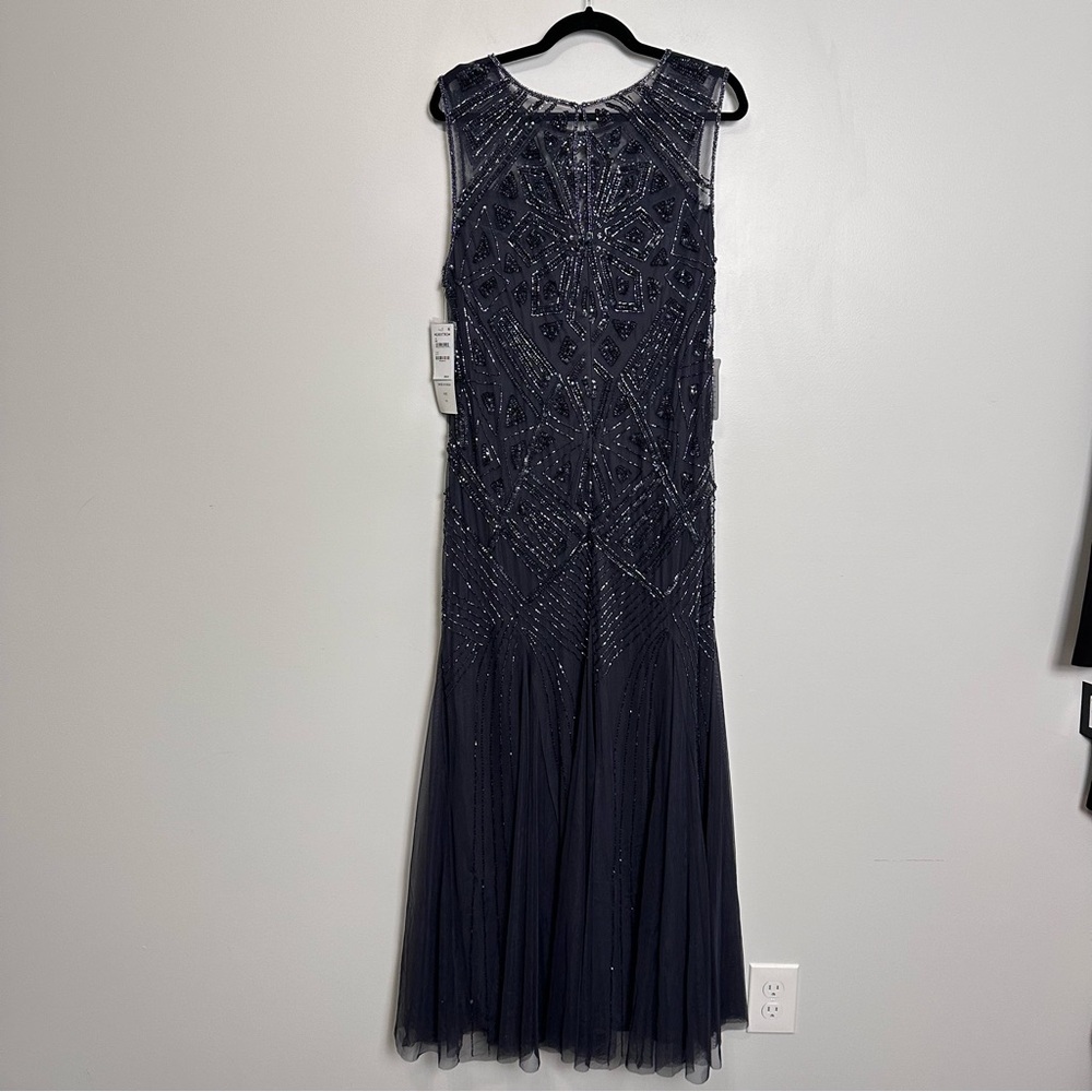 Pisarro Nights Slate Blue Geometric Beaded Sleeveless Gown D-2621 Size 14 - Picture 6 of 13